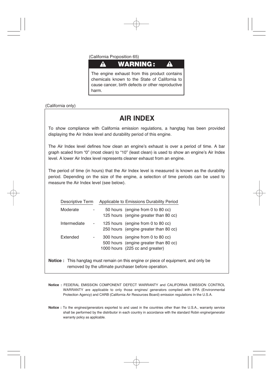 Air index, Warning | Subaru Robin EH72 FI User Manual | Page 2 / 80