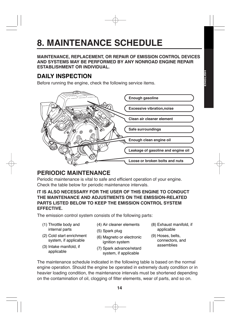 Maintenance schedule, Daily inspection, Periodic maintenance | Subaru Robin EH72 FI User Manual | Page 20 / 80