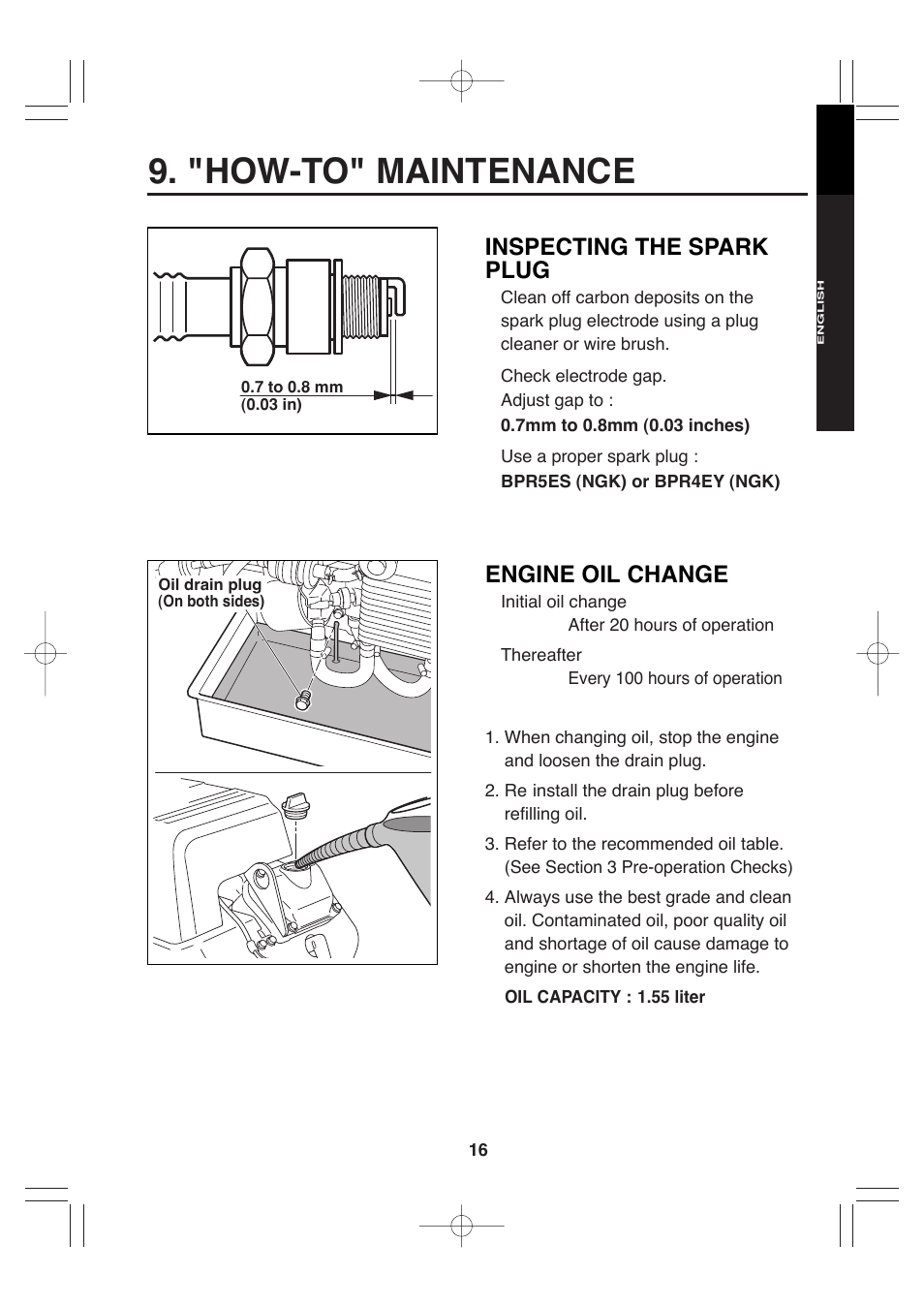 "how-to" maintenance, Inspecting the spark plug, Engine oil change | Subaru Robin EH72 FI User Manual | Page 22 / 80