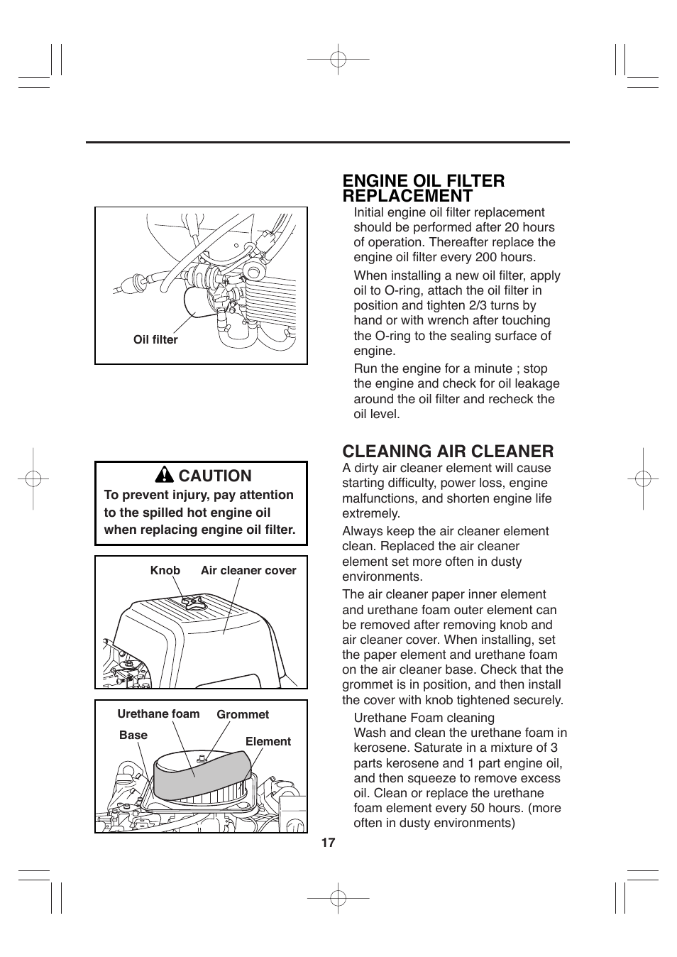 Engine oil filter replacement, Cleaning air cleaner, Caution | Subaru Robin EH72 FI User Manual | Page 23 / 80