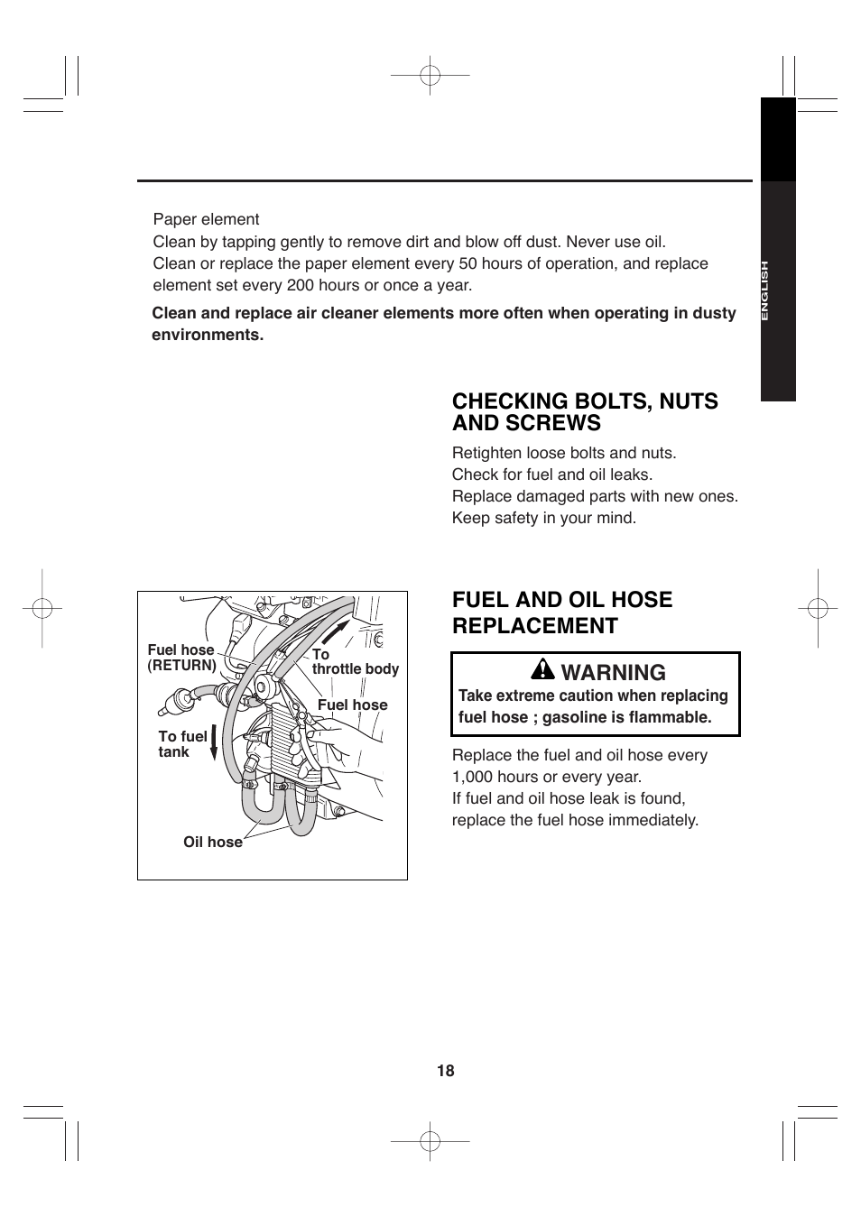 Fuel and oil hose replacement, Warning, Checking bolts, nuts and screws | Subaru Robin EH72 FI User Manual | Page 24 / 80