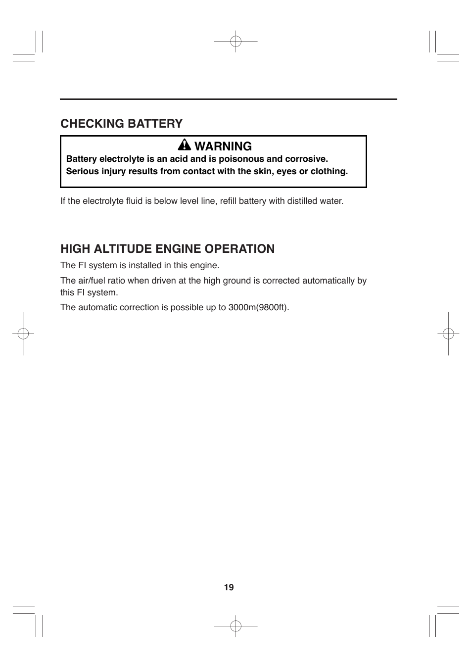 Checking battery warning, High altitude engine operation | Subaru Robin EH72 FI User Manual | Page 25 / 80