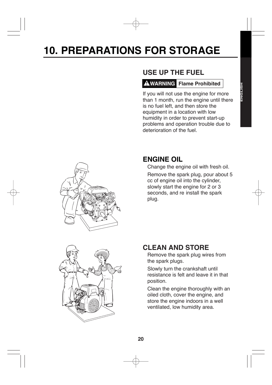 Preparations for storage, Engine oil, Use up the fuel | Clean and store | Subaru Robin EH72 FI User Manual | Page 26 / 80