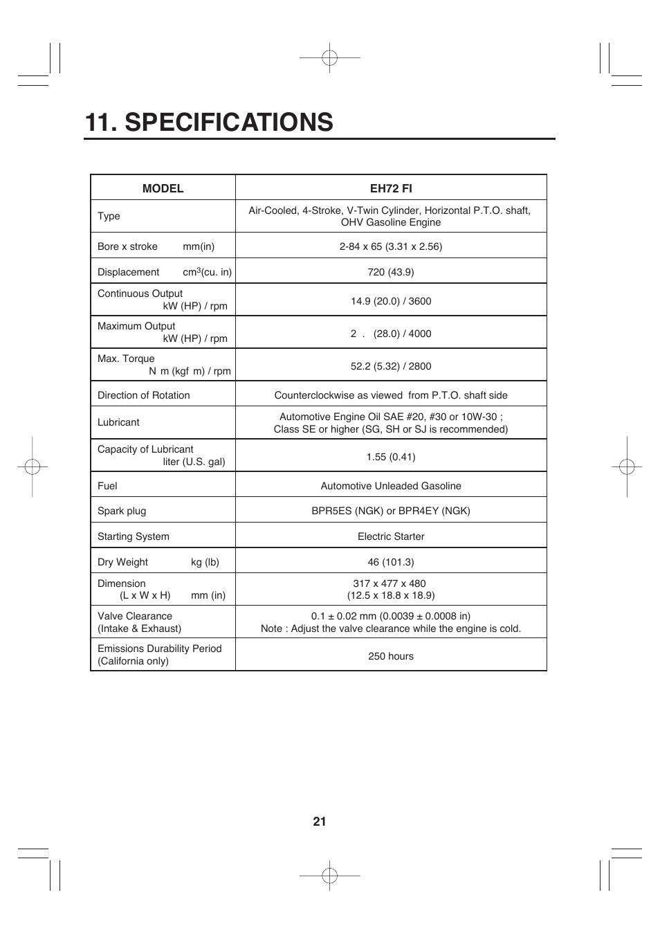 Specifications | Subaru Robin EH72 FI User Manual | Page 27 / 80