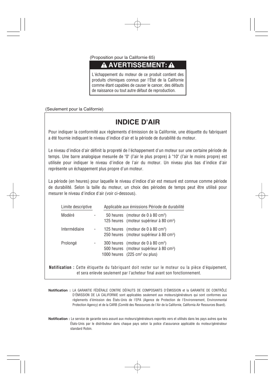 Indice d'air, Avertissement | Subaru Robin EH72 FI User Manual | Page 28 / 80