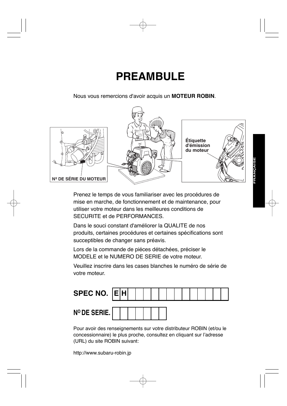 Preambule, Spec no, De serie. e h | Subaru Robin EH72 FI User Manual | Page 30 / 80