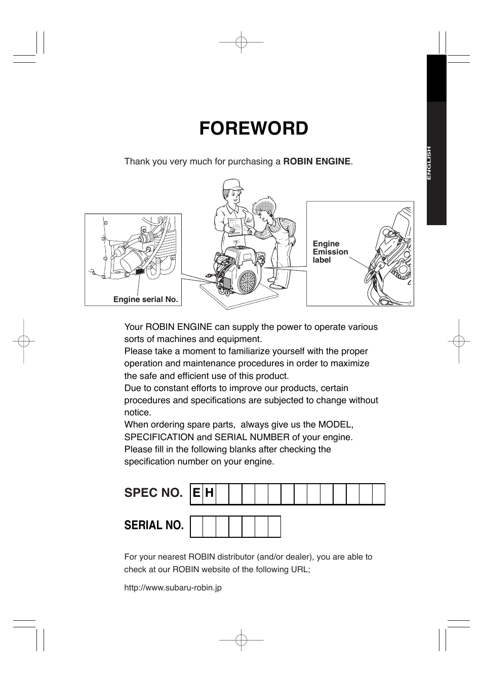 Foreword, Spec no, Serial no. e h | Subaru Robin EH72 FI User Manual | Page 4 / 80