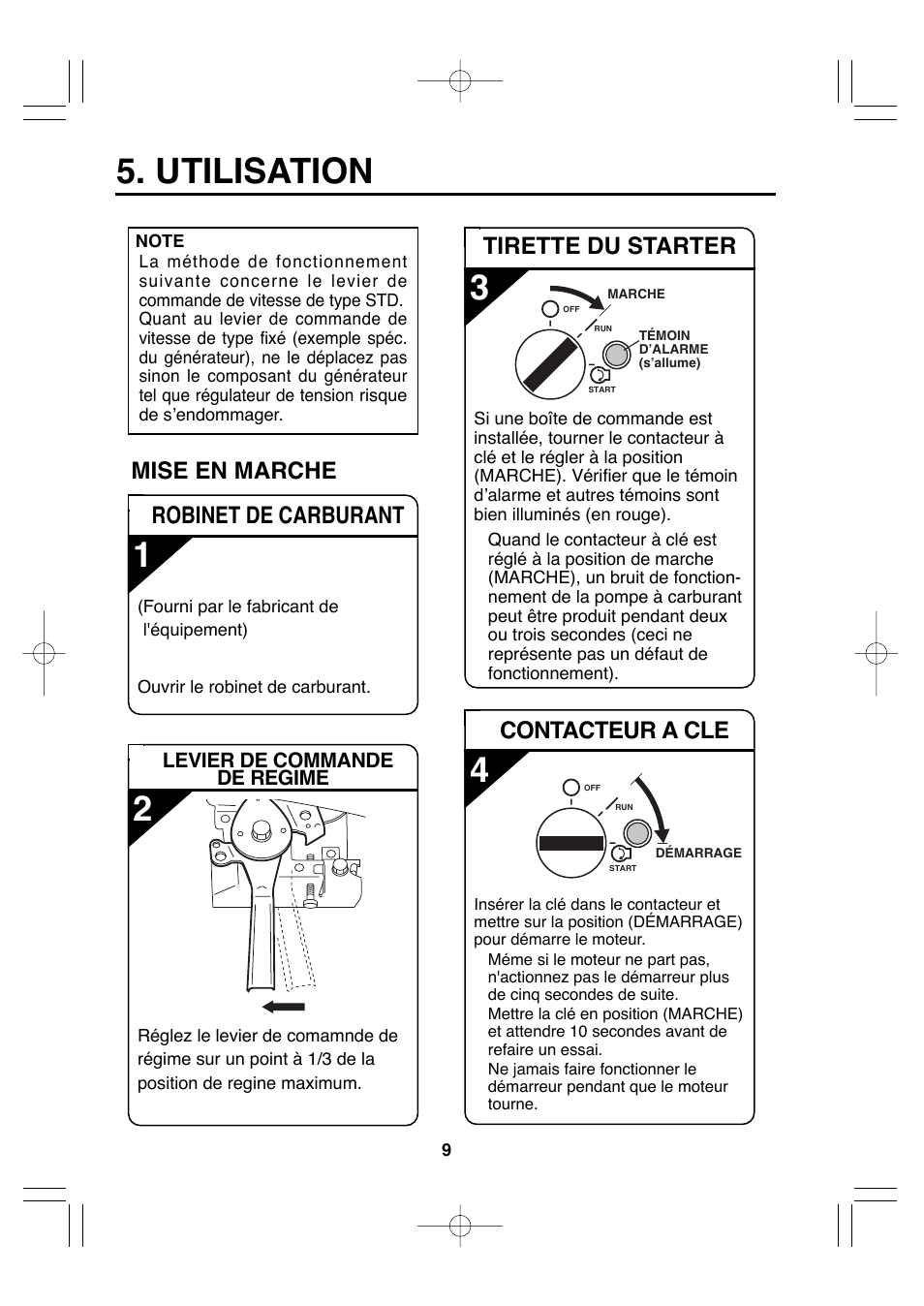 Utilisation, Contacteur a cle, Mise en marche | Robinet de carburant, Tirette du starter | Subaru Robin EH72 FI User Manual | Page 41 / 80