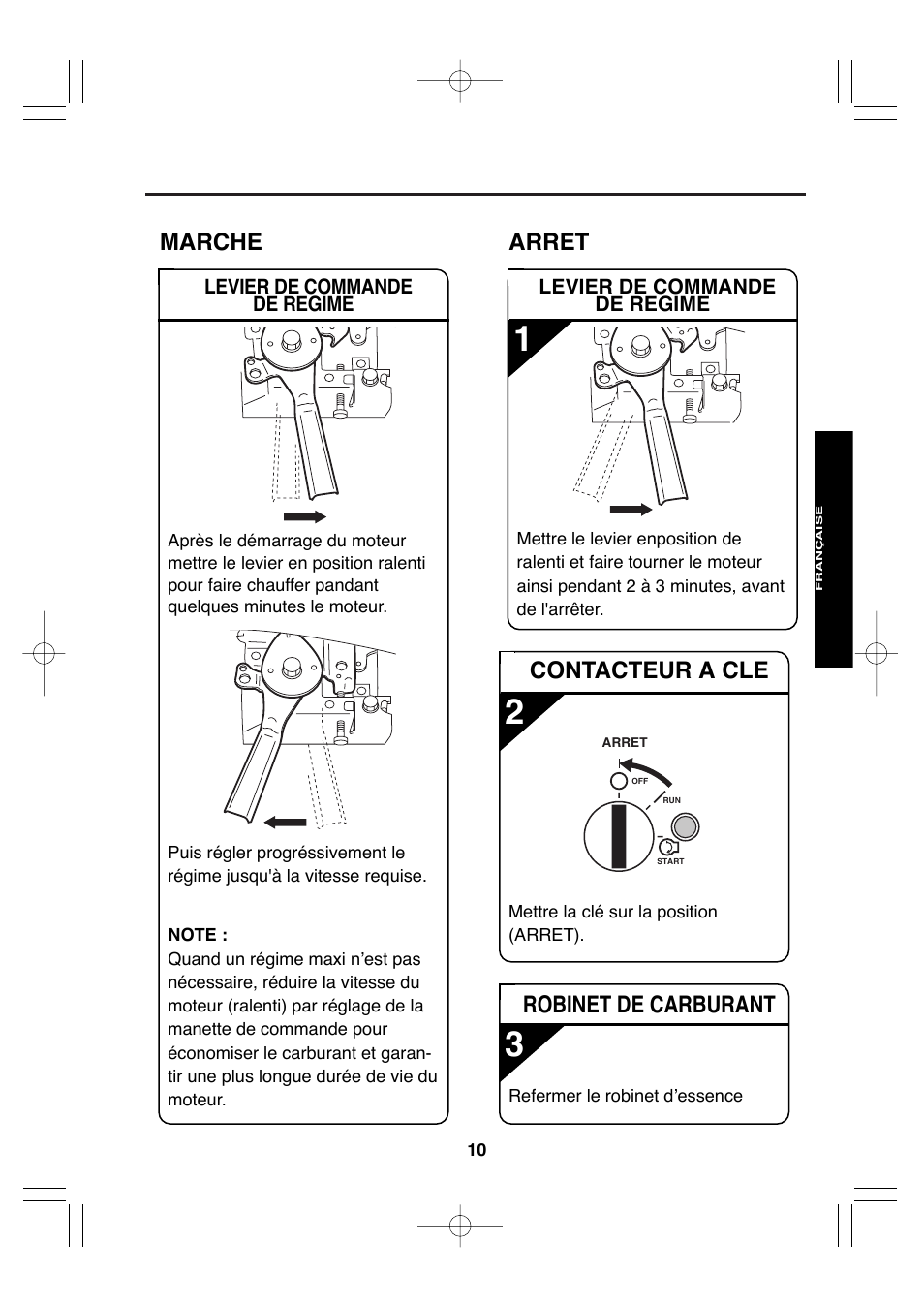 Marche, Contacteur a cle, Arret | Robinet de carburant | Subaru Robin EH72 FI User Manual | Page 42 / 80