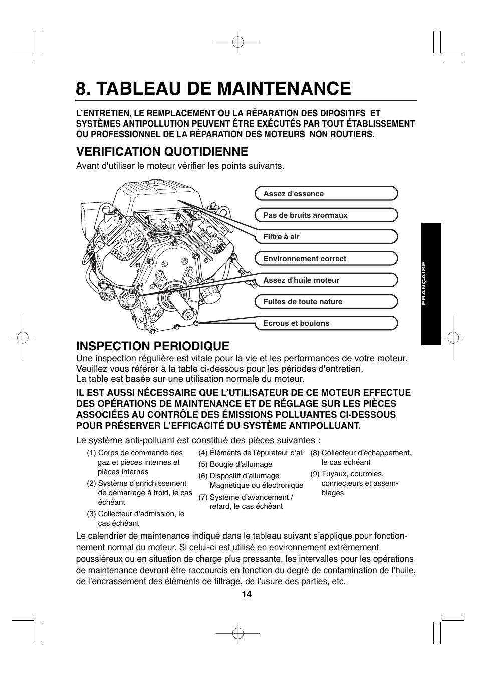 Tableau de maintenance, Verification quotidienne, Inspection periodique | Subaru Robin EH72 FI User Manual | Page 46 / 80