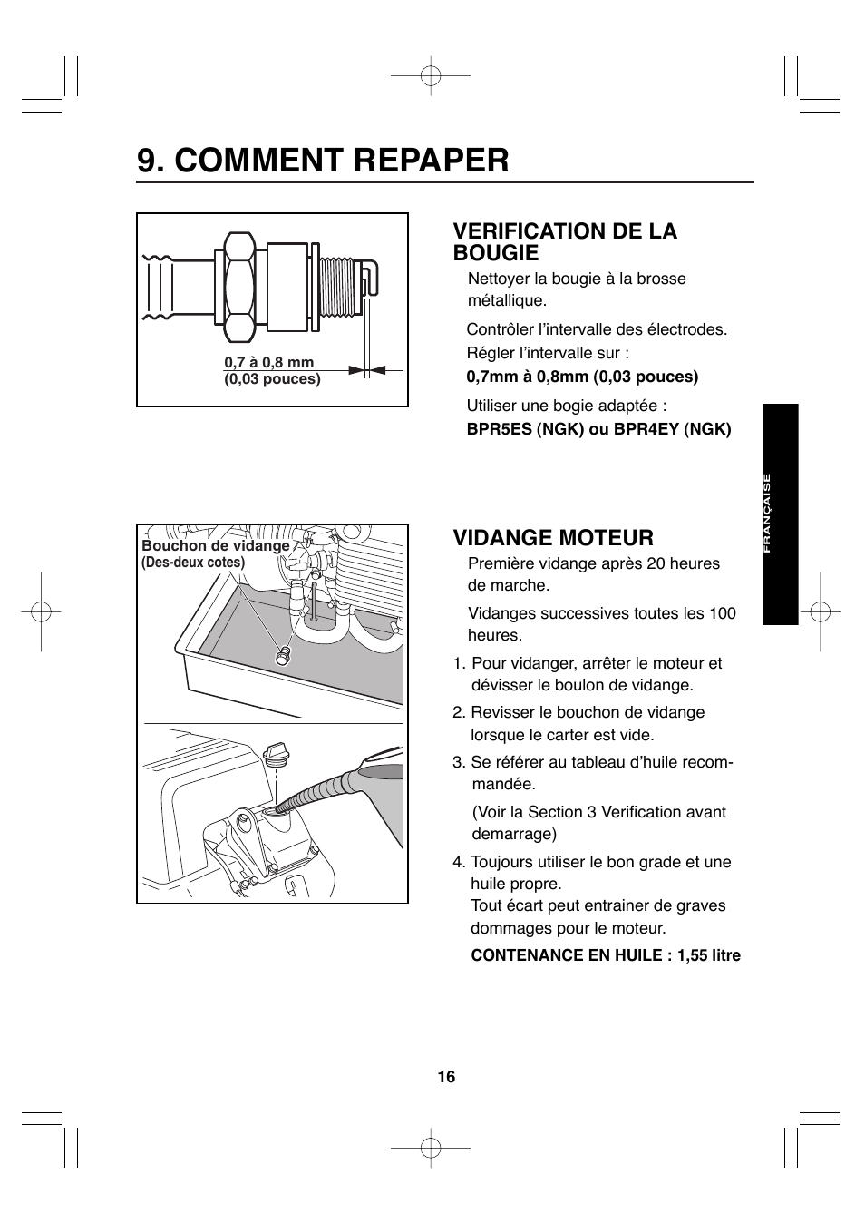 Comment repaper, Verification de la bougie, Vidange moteur | Subaru Robin EH72 FI User Manual | Page 48 / 80