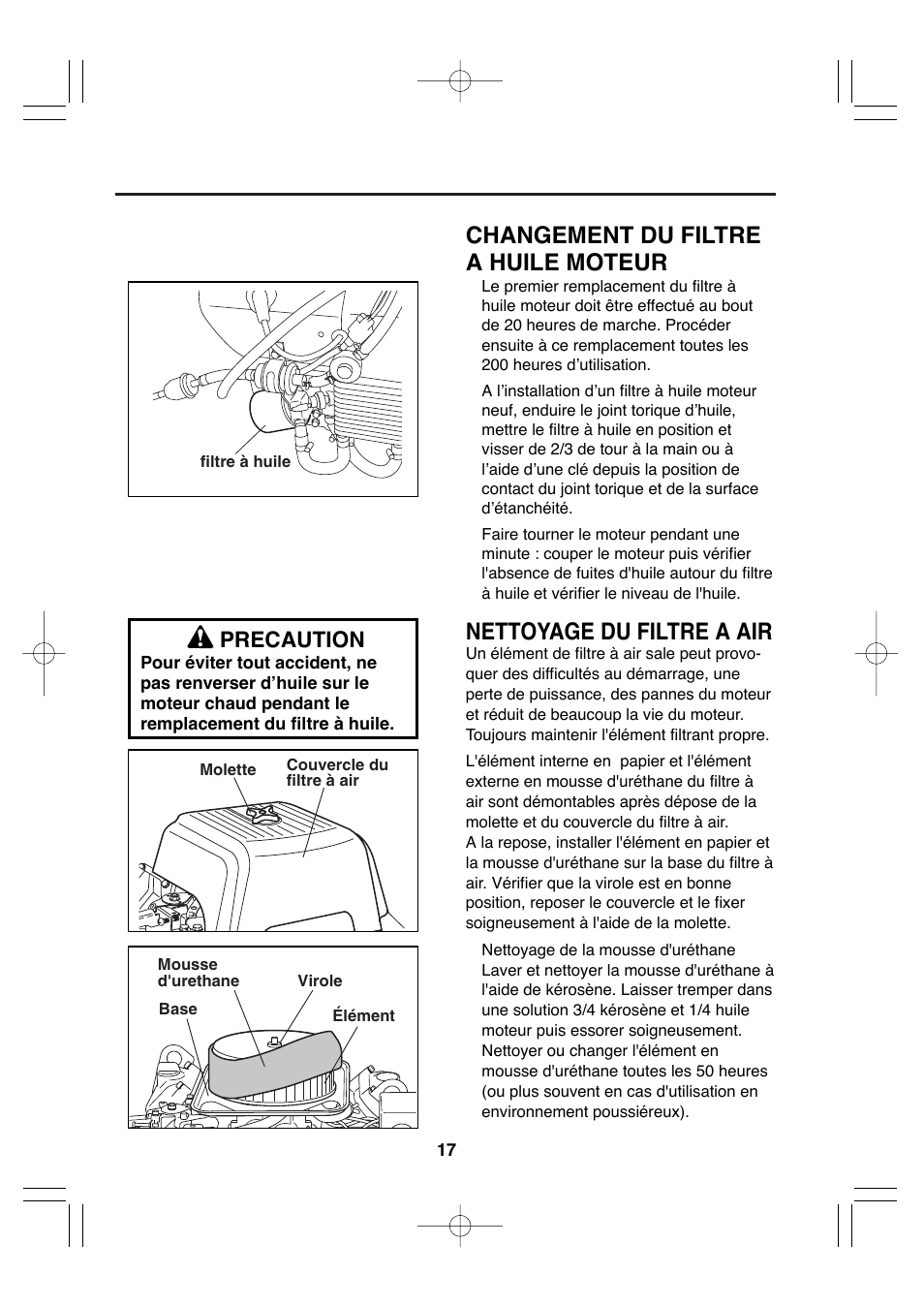 Changement du filtre a huile moteur, Nettoyage du filtre a air, Precaution | Subaru Robin EH72 FI User Manual | Page 49 / 80