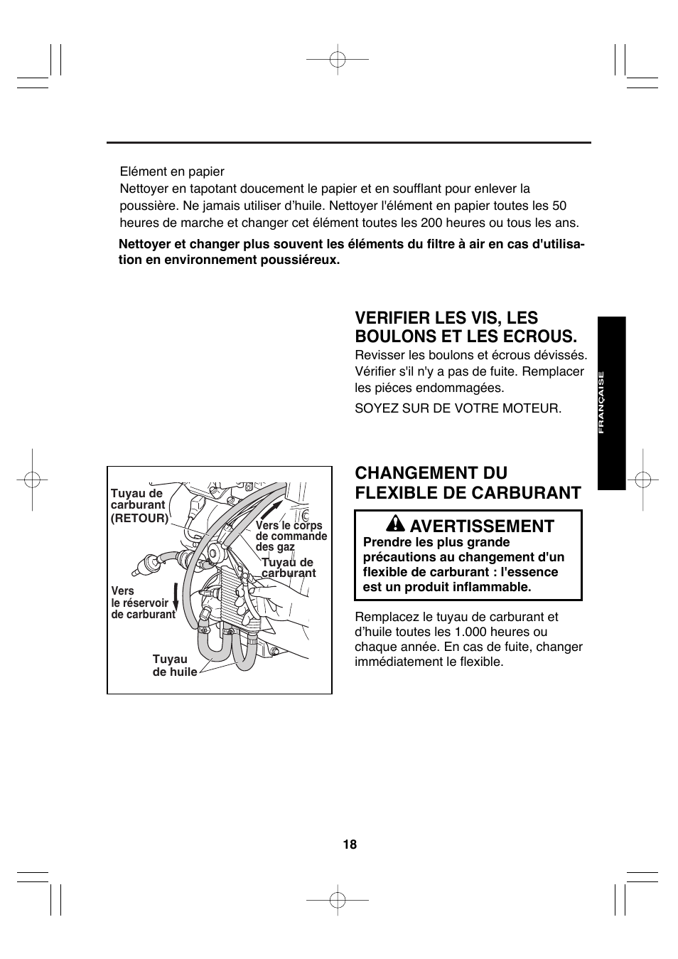 Changement du flexible de carburant, Avertissement, Verifier les vis, les boulons et les ecrous | Subaru Robin EH72 FI User Manual | Page 50 / 80