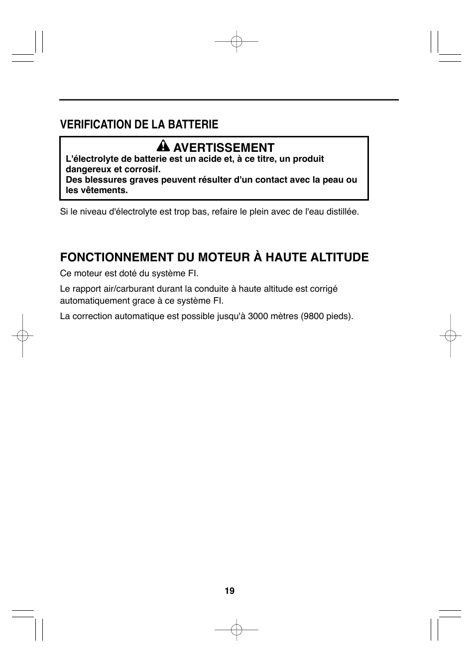 Verification de la batterie avertissement, Fonctionnement du moteur à haute altitude | Subaru Robin EH72 FI User Manual | Page 51 / 80