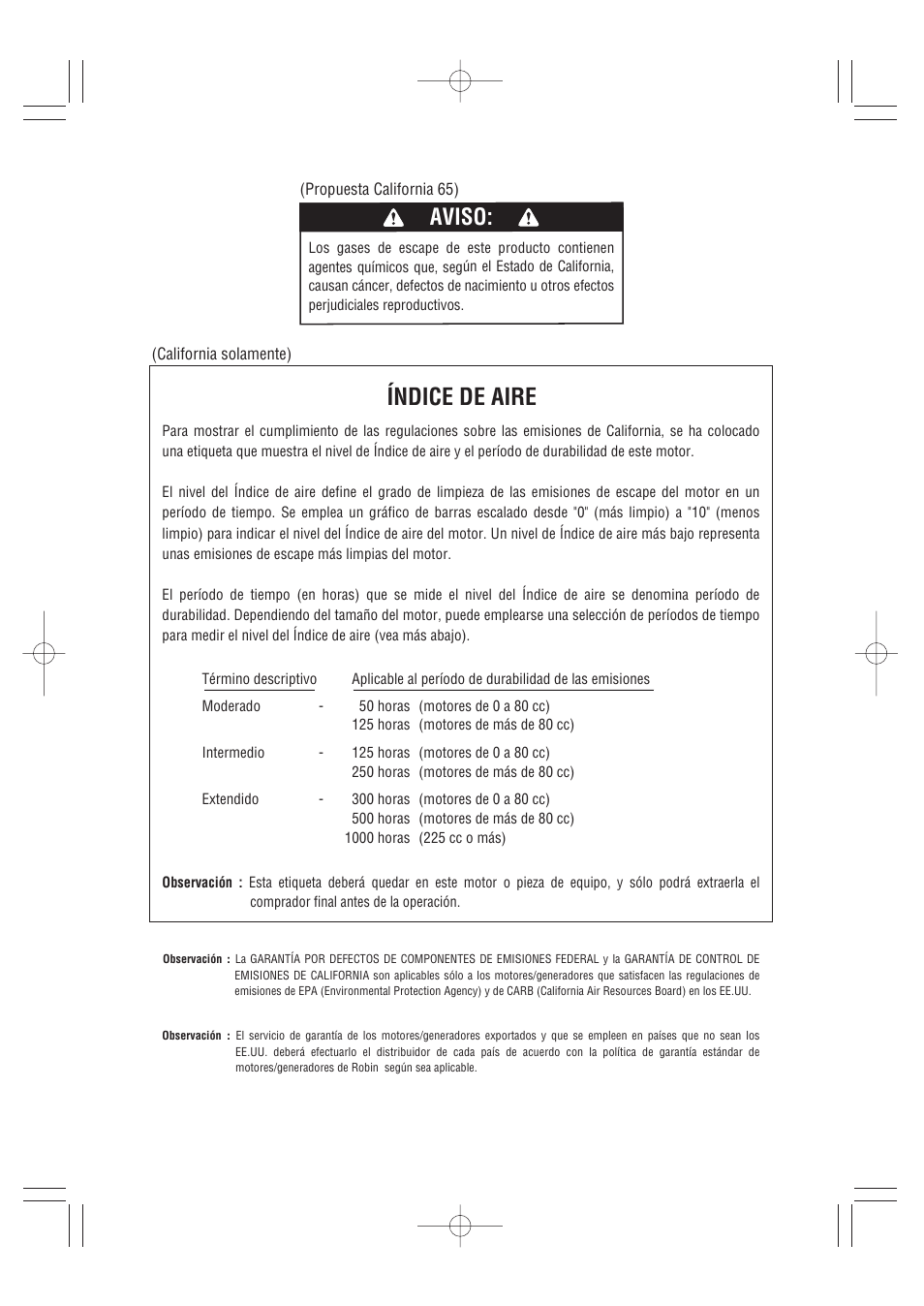 Índice de aire, Aviso | Subaru Robin EH72 FI User Manual | Page 54 / 80