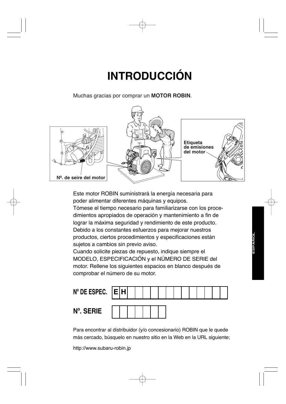 Introducción, Nº de espec. nº. serie e h | Subaru Robin EH72 FI User Manual | Page 56 / 80