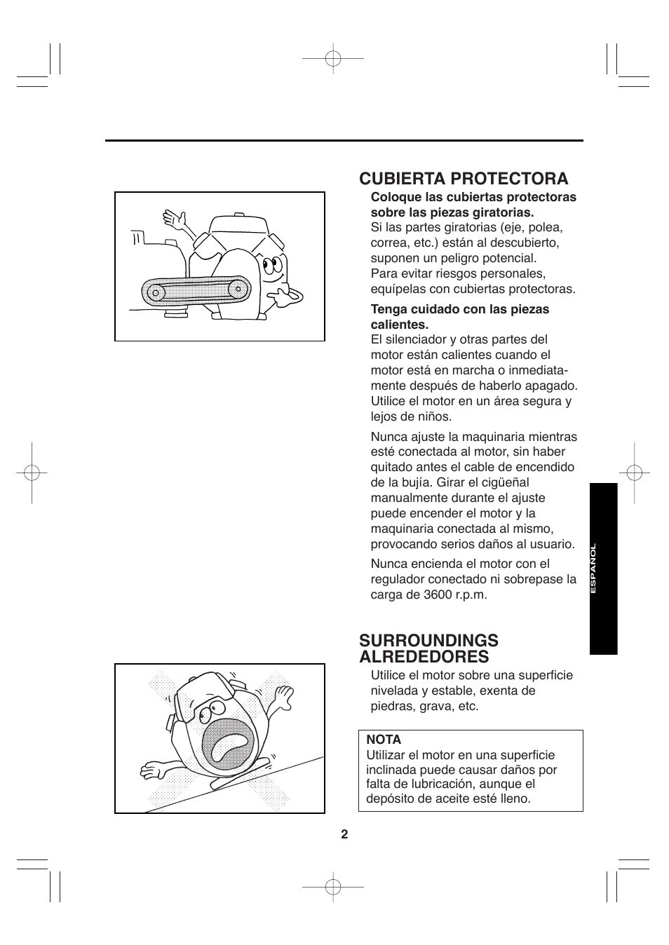 Surroundings alrededores, Cubierta protectora | Subaru Robin EH72 FI User Manual | Page 60 / 80