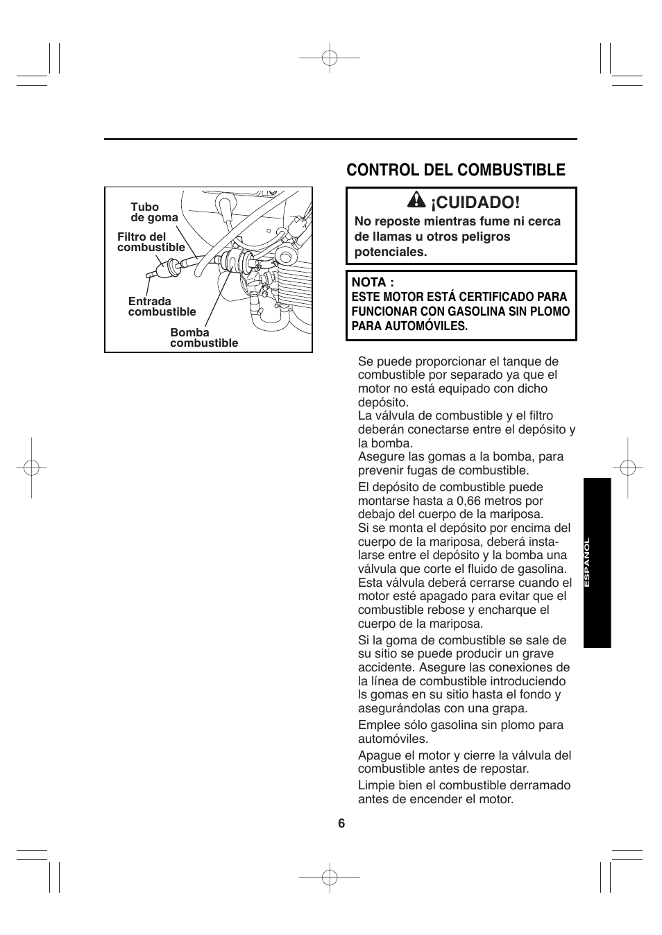 Control del combustible, Cuidado | Subaru Robin EH72 FI User Manual | Page 64 / 80