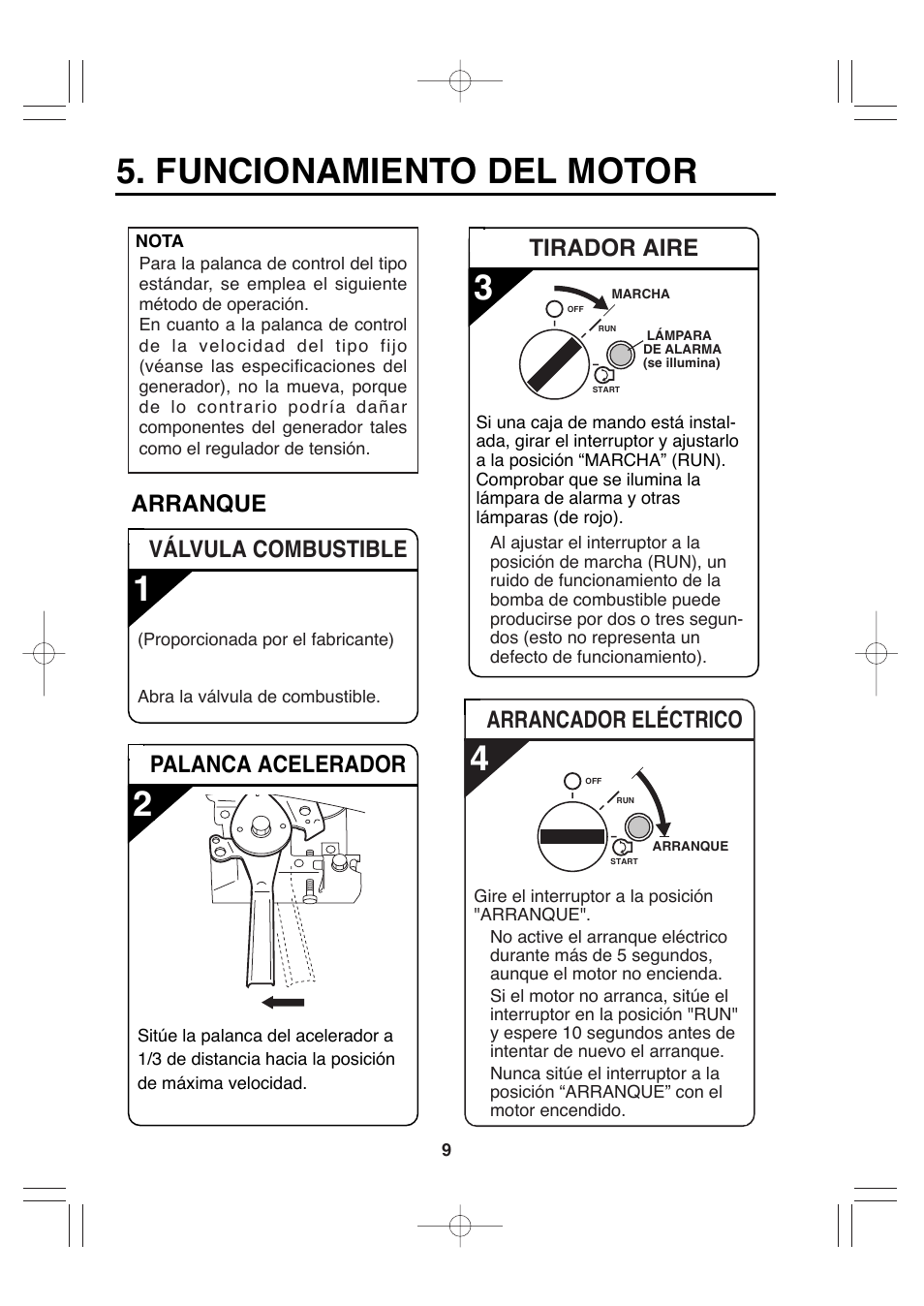 Funcionamiento del motor, Arrancador eléctrico, Arranque | Tirador aire, Válvula combustible palanca acelerador | Subaru Robin EH72 FI User Manual | Page 67 / 80