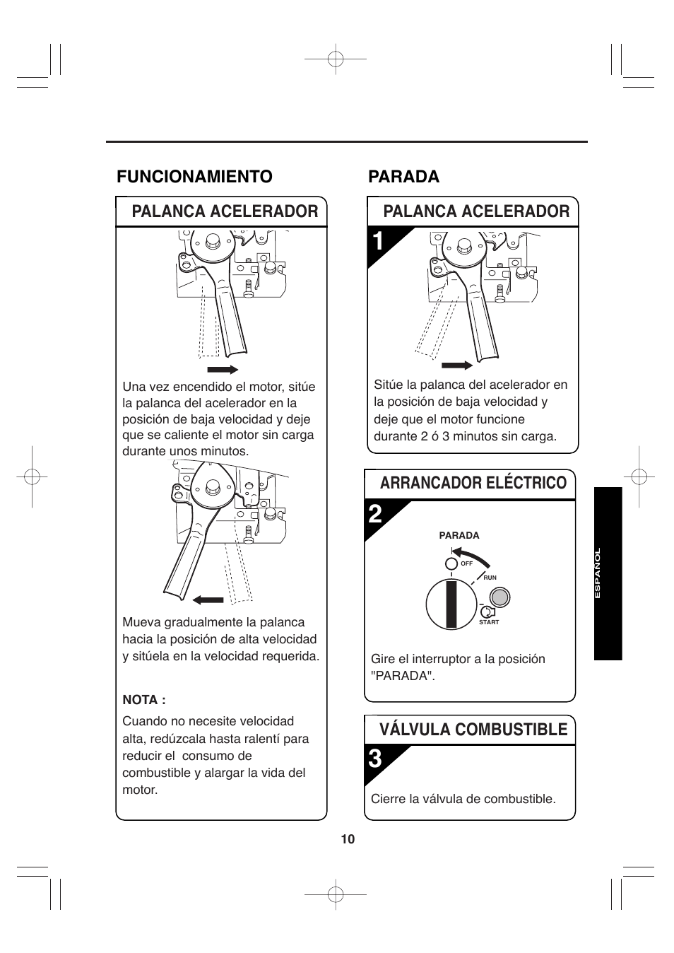 Palanca acelerador funcionamiento, Arrancador eléctrico, Parada | Palanca acelerador, Válvula combustible | Subaru Robin EH72 FI User Manual | Page 68 / 80