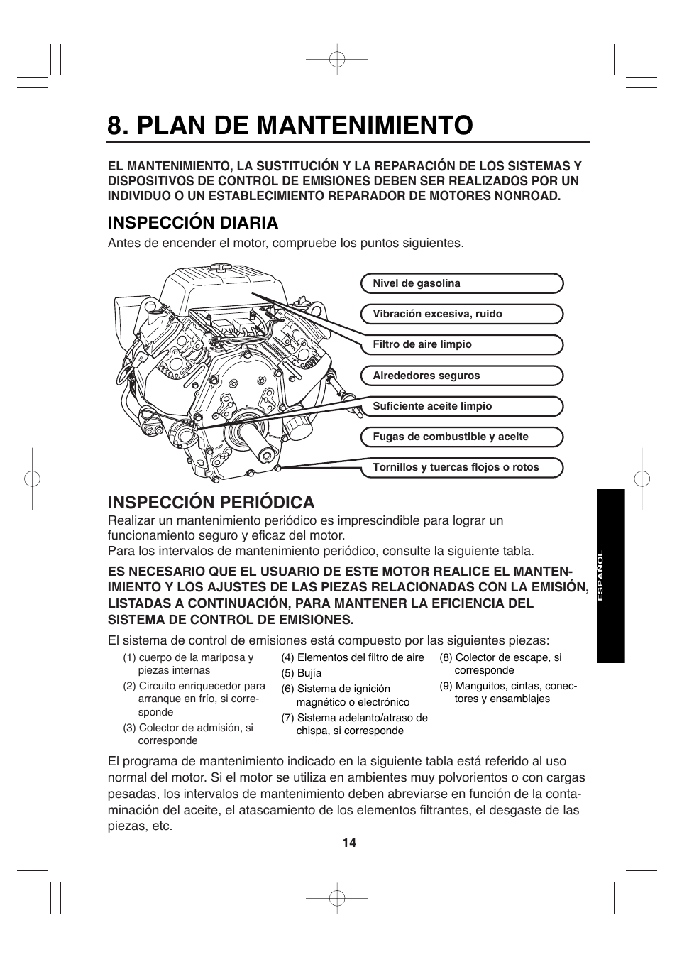 Plan de mantenimiento, Inspección diaria, Inspección periódica | Subaru Robin EH72 FI User Manual | Page 72 / 80