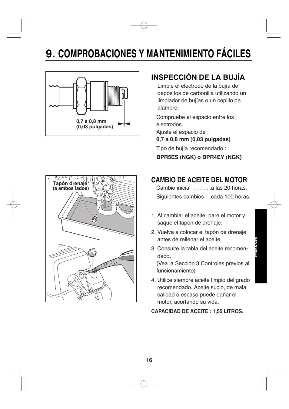 Comprobaciones y mantenimiento fáciles, Inspección de la bujía, Cambio de aceite del motor | Subaru Robin EH72 FI User Manual | Page 74 / 80