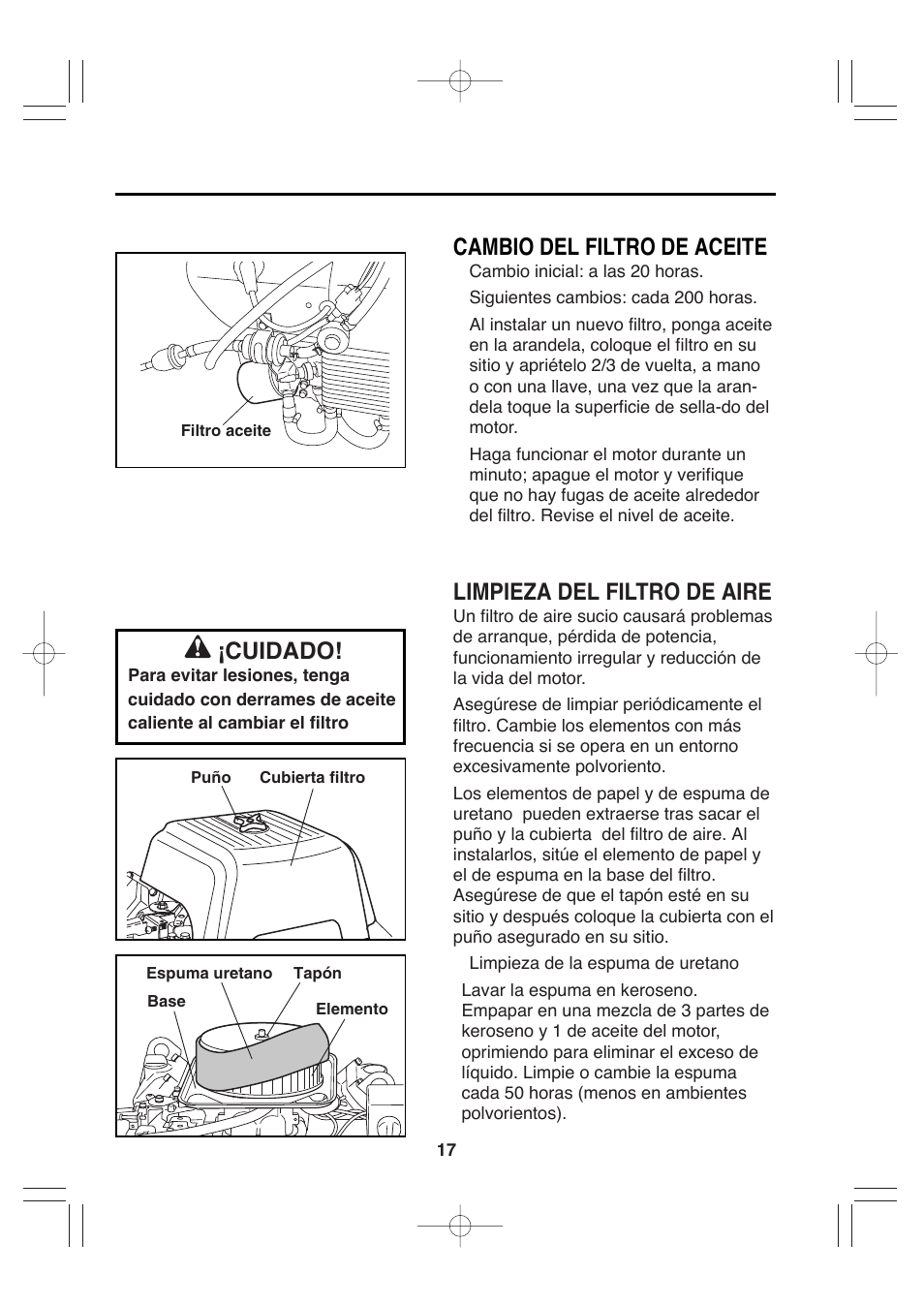 Cuidado, Cambio del filtro de aceite, Limpieza del filtro de aire | Subaru Robin EH72 FI User Manual | Page 75 / 80