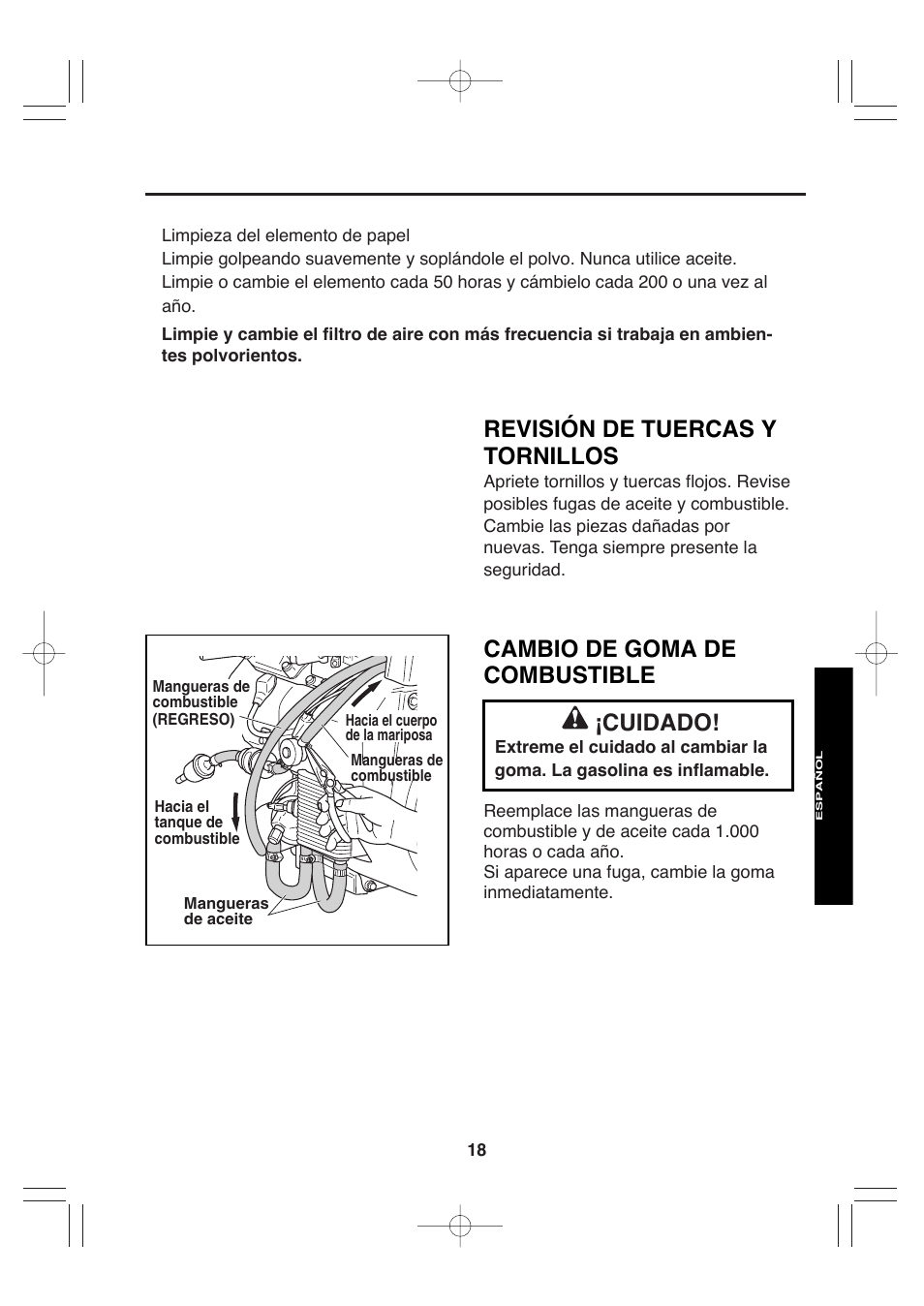 Cambio de goma de combustible, Cuidado, Revisión de tuercas y tornillos | Subaru Robin EH72 FI User Manual | Page 76 / 80