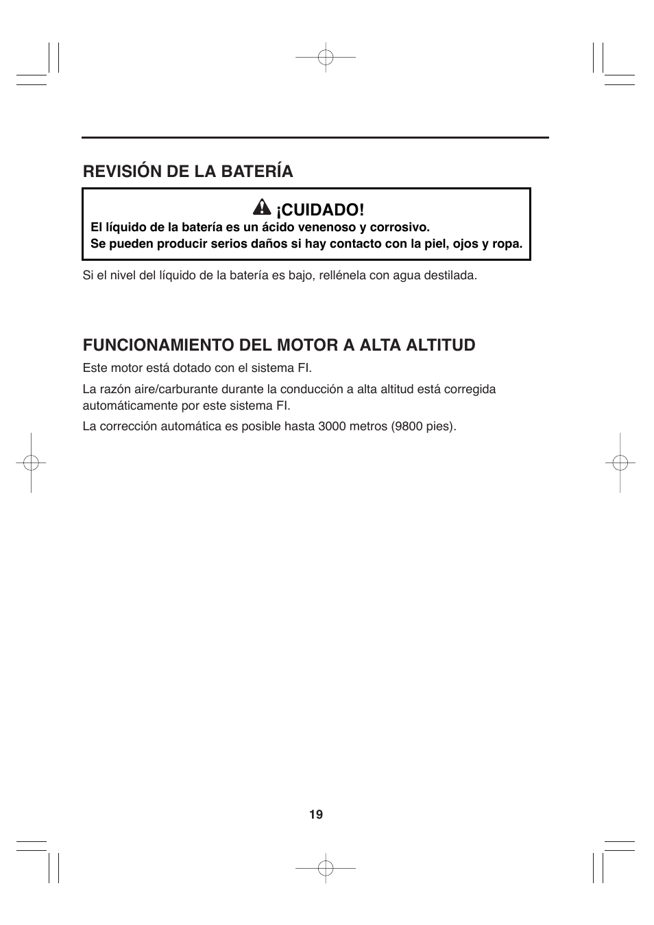 Revisión de la batería ¡cuidado, Funcionamiento del motor a alta altitud | Subaru Robin EH72 FI User Manual | Page 77 / 80