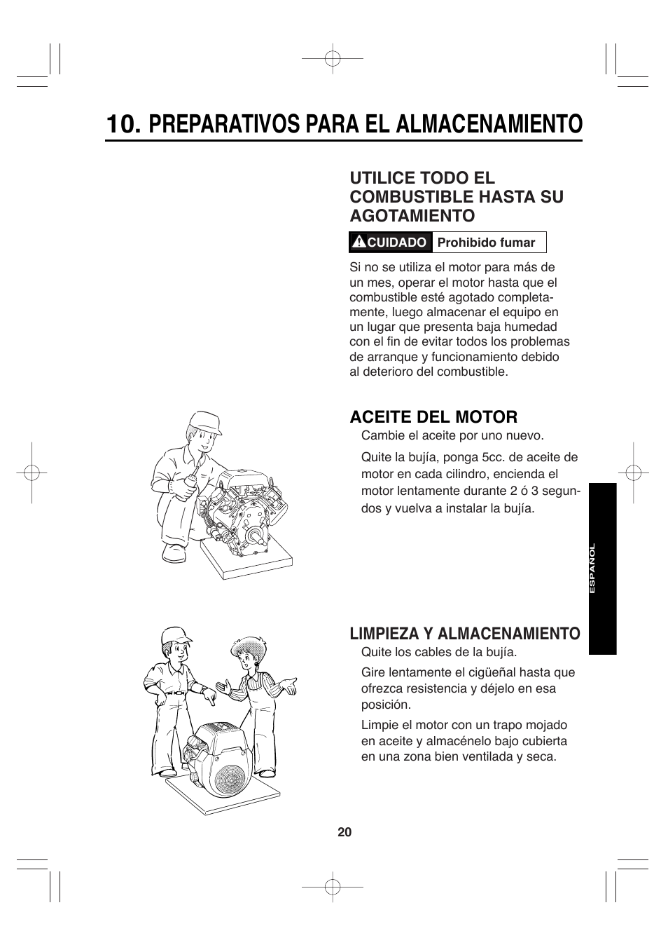 Preparativos para el almacenamiento, Aceite del motor, Limpieza y almacenamiento | Utilice todo el combustible hasta su agotamiento | Subaru Robin EH72 FI User Manual | Page 78 / 80