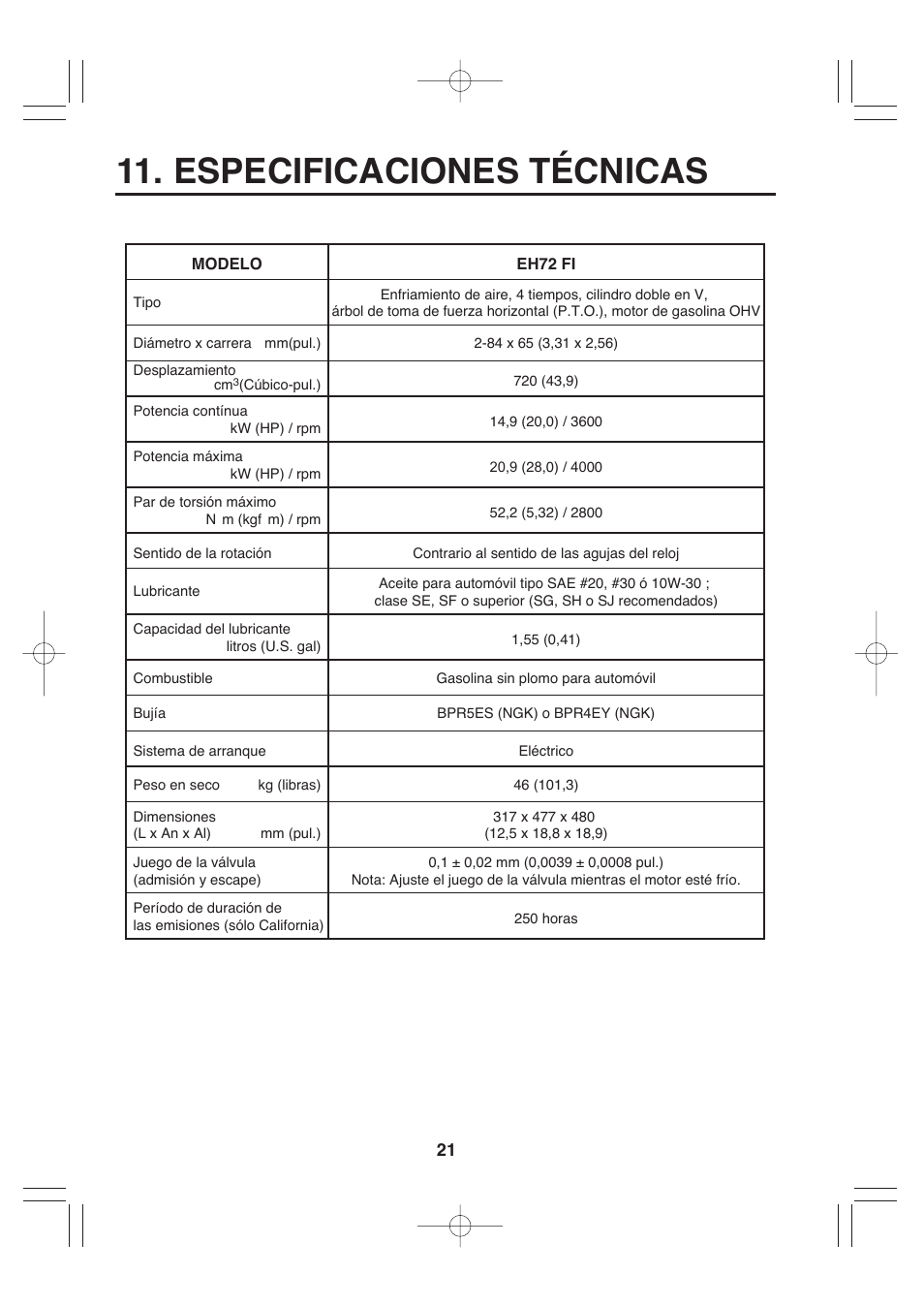 Especificaciones técnicas | Subaru Robin EH72 FI User Manual | Page 79 / 80