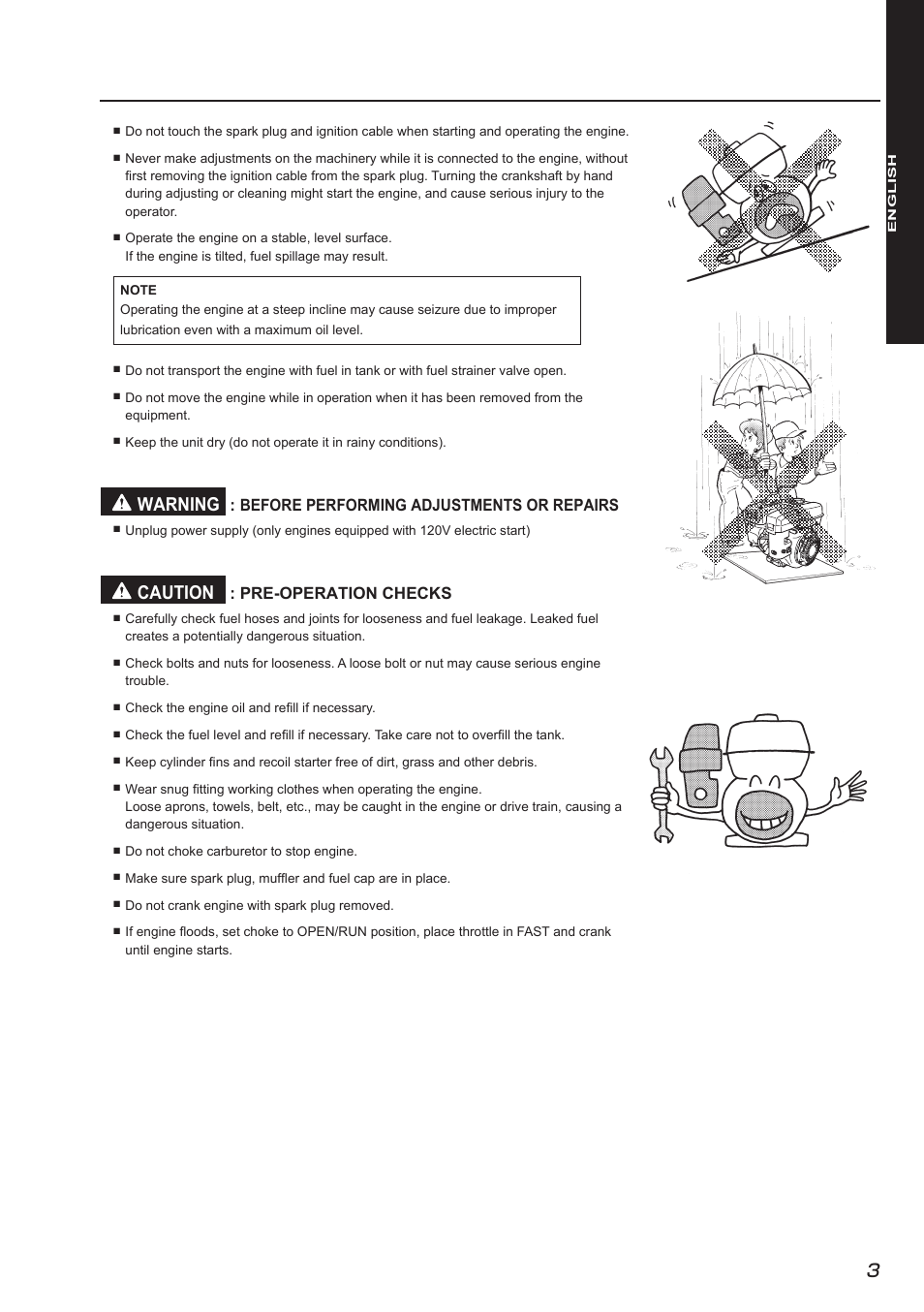 Warning, Caution, Before performing adjustments or repairs | Pre-operation checks | Subaru Robin SX17 User Manual | Page 11 / 22