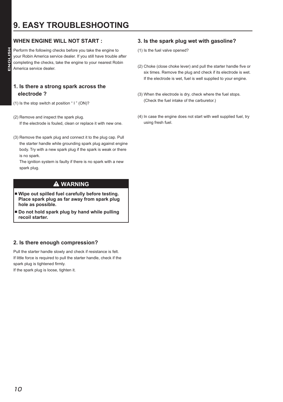 Easy troubleshooting, Warning | Subaru Robin SX17 User Manual | Page 18 / 22