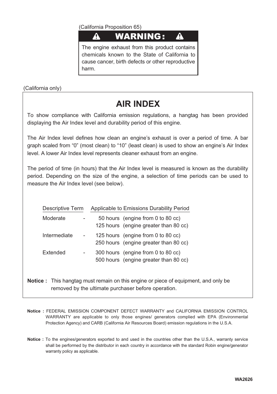 Air index, Warning | Subaru Robin SX17 User Manual | Page 5 / 22