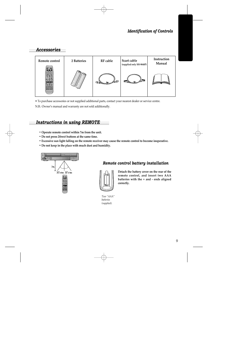 Instructions in using remote accessories, Identification of controls, Remote control battery installation | Daewoo SH-3510P User Manual | Page 11 / 66