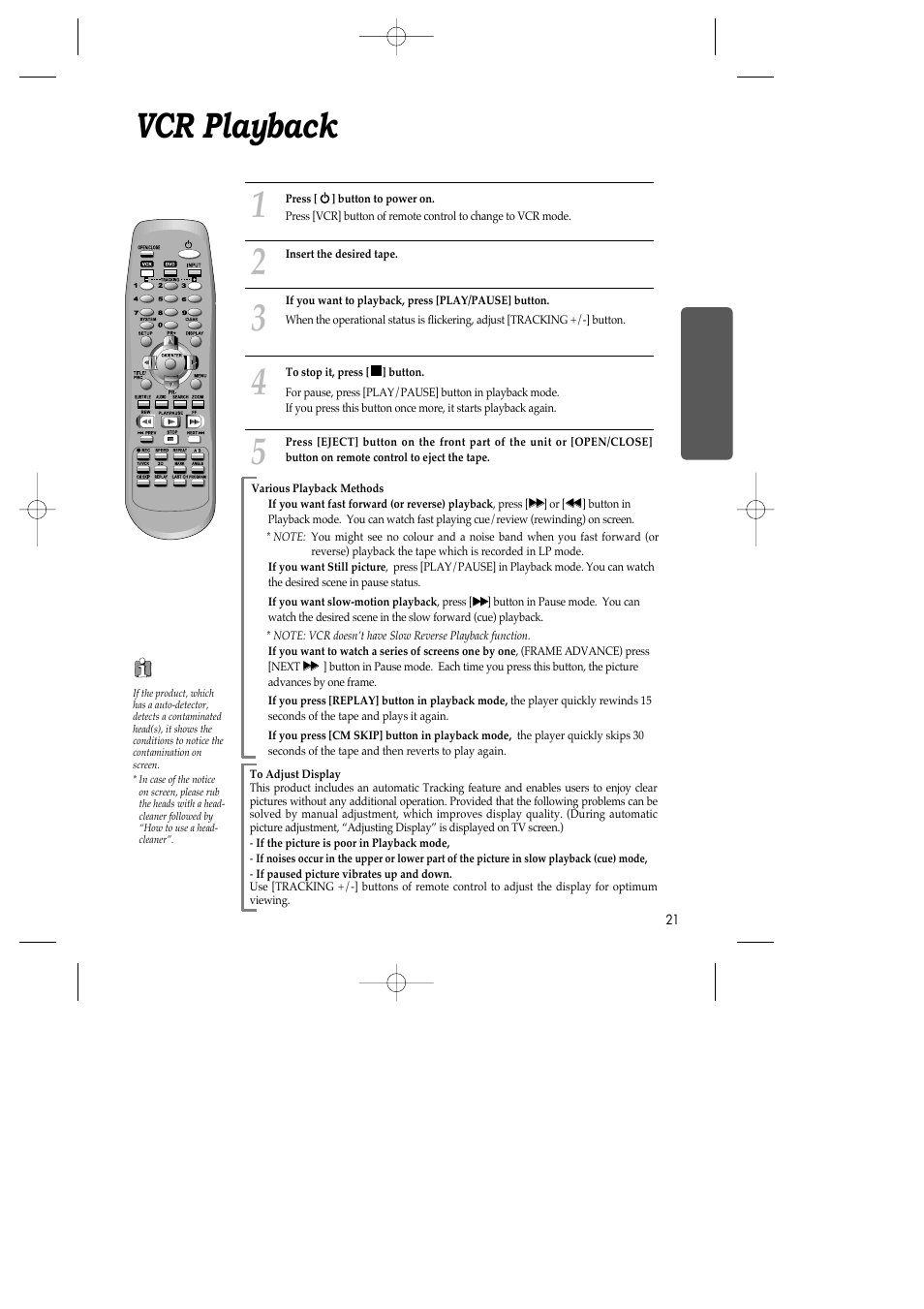 Vcr playback | Daewoo SH-3510P User Manual | Page 23 / 66