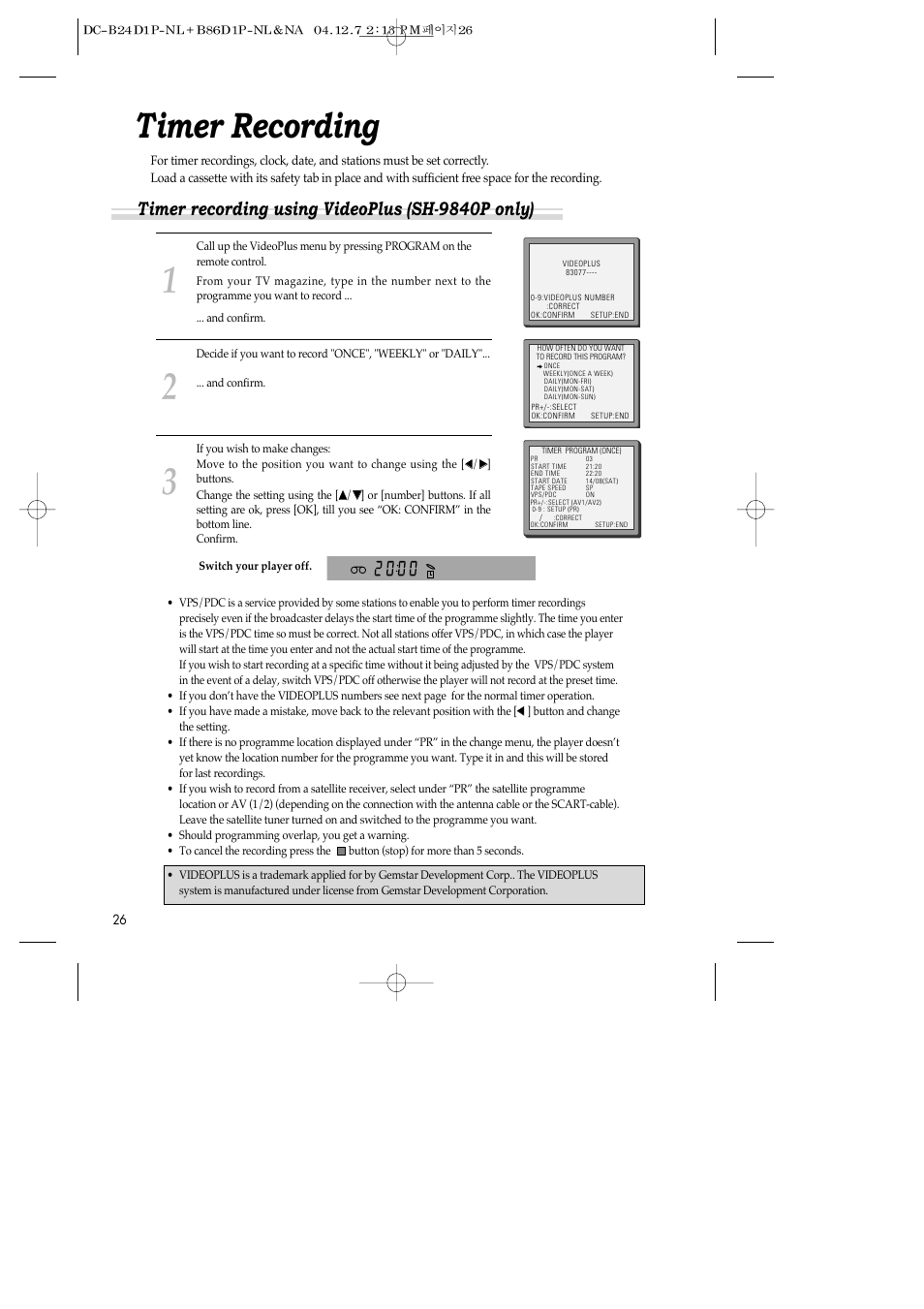 Timer recording, Timer recording using videoplus (sh-9840p only) | Daewoo SH-3510P User Manual | Page 28 / 66