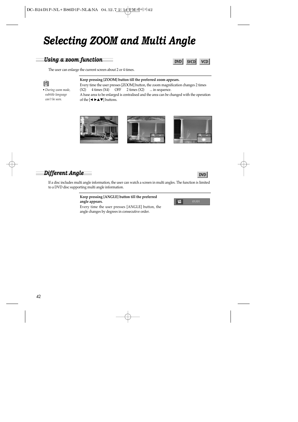 Selecting zoom and multi angle, Using a zoom function different angle | Daewoo SH-3510P User Manual | Page 44 / 66