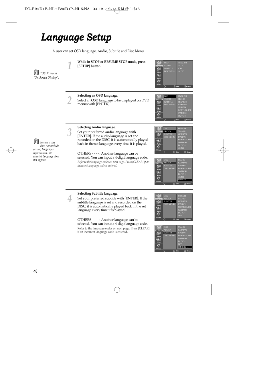 Language setup | Daewoo SH-3510P User Manual | Page 50 / 66