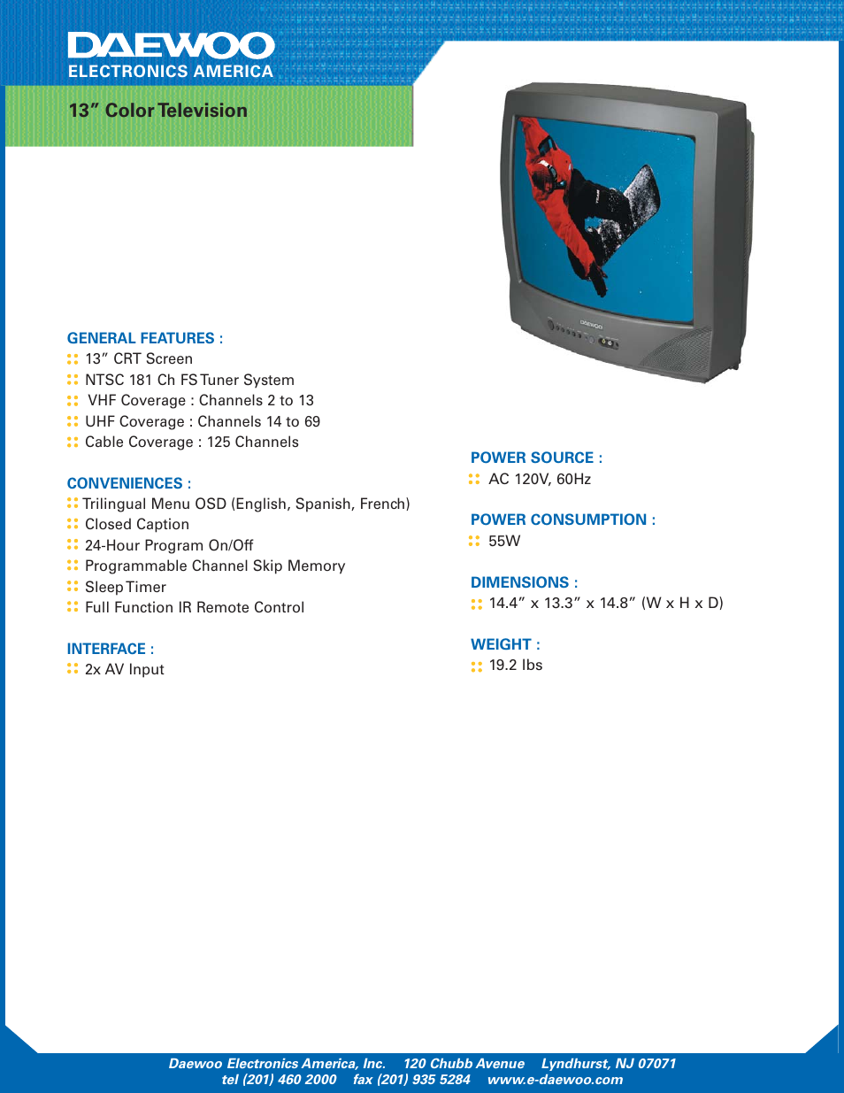13” color television | Daewoo DTQ 13V1FC User Manual | Page 2 / 2