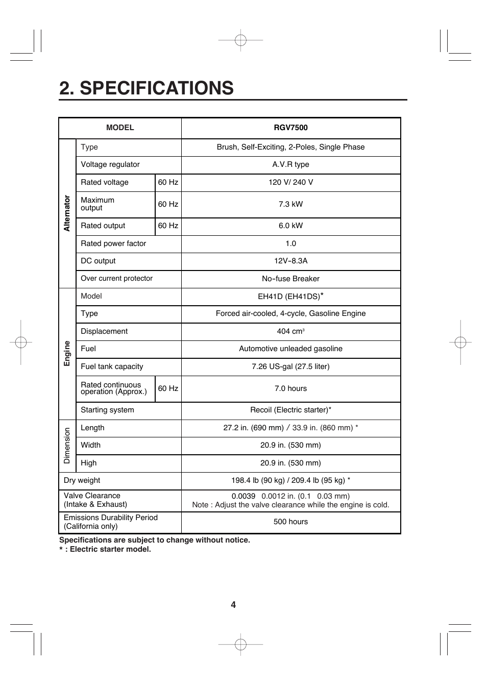Specifications | Subaru Robin RGV7500 User Manual | Page 14 / 46