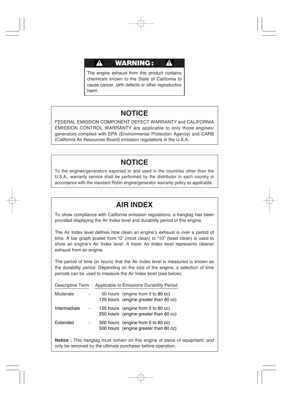 Notice, Air index, Warning | Subaru Robin RGV7500 User Manual | Page 2 / 46