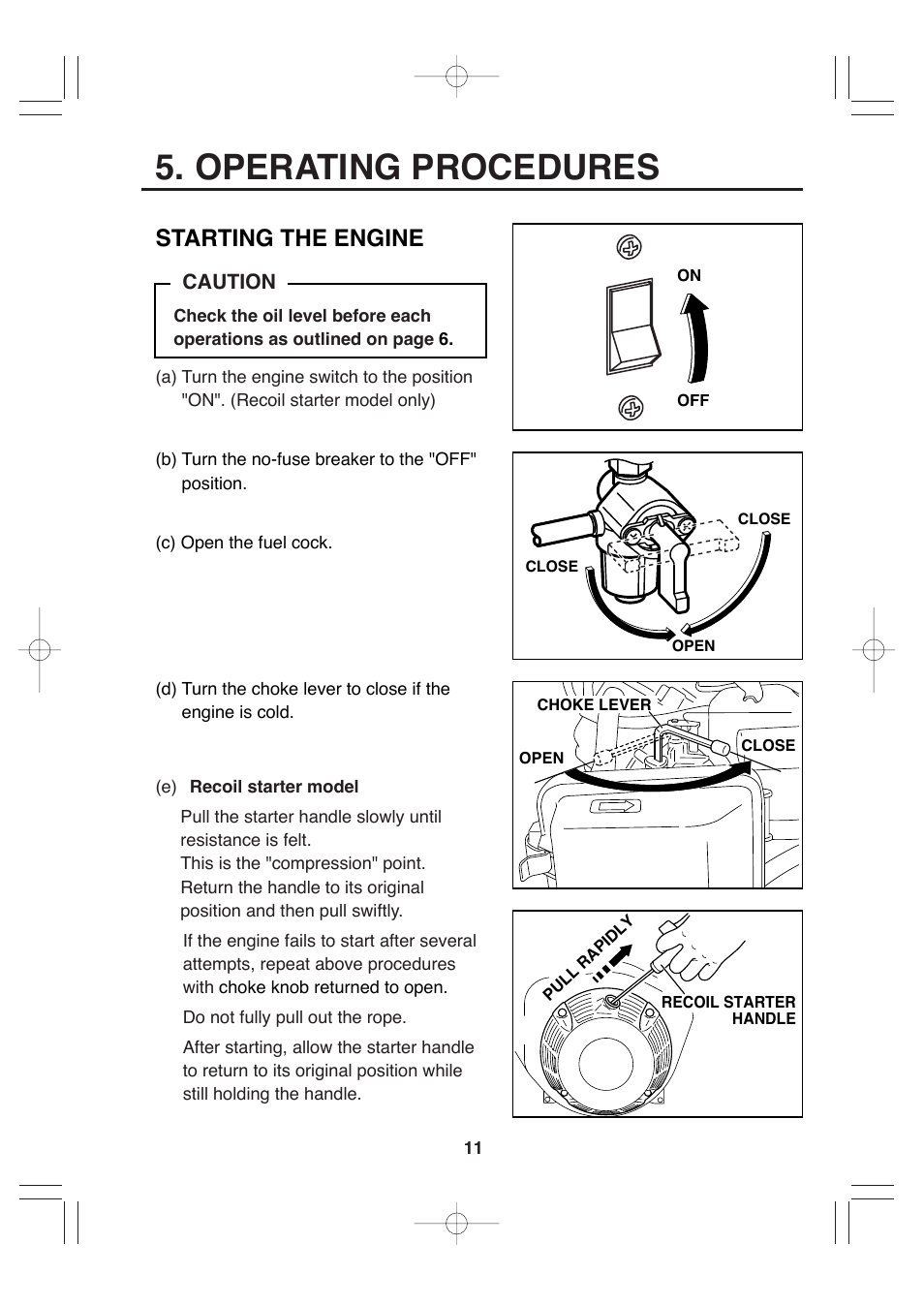 Operating procedures, Starting the engine, Caution | Subaru Robin RGV7500 User Manual | Page 21 / 46