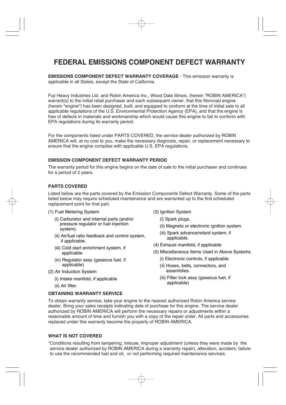 Federal emissions component defect warranty | Subaru Robin RGV7500 User Manual | Page 3 / 46