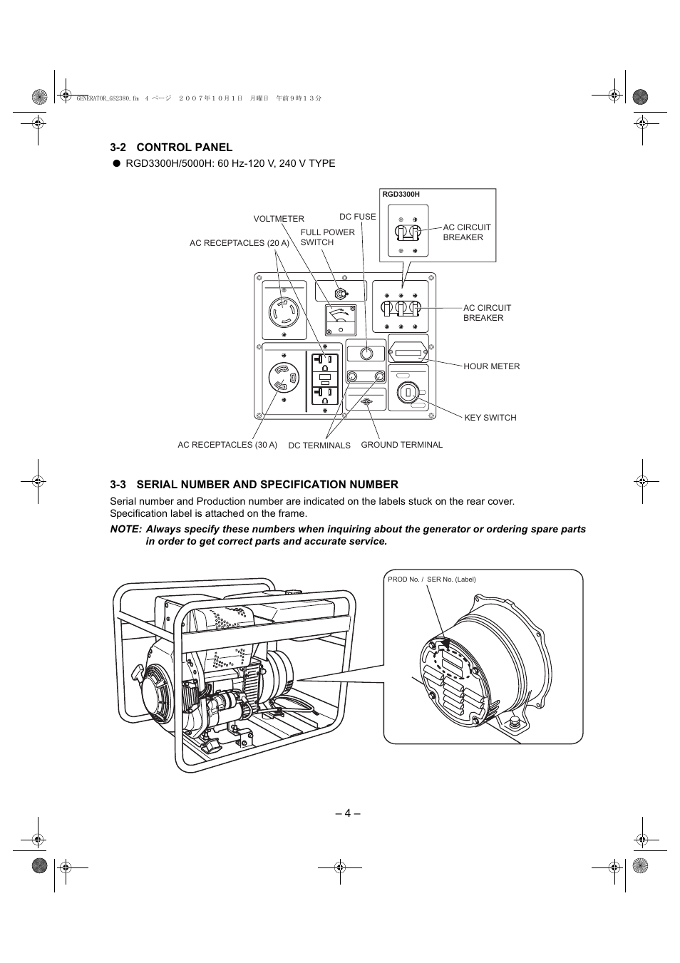 2 control panel, 3 serial number and specification number, Control panel | Serial number and specification number, 4 – 3-2 control panel | Subaru Robin RGD3300H User Manual | Page 7 / 54
