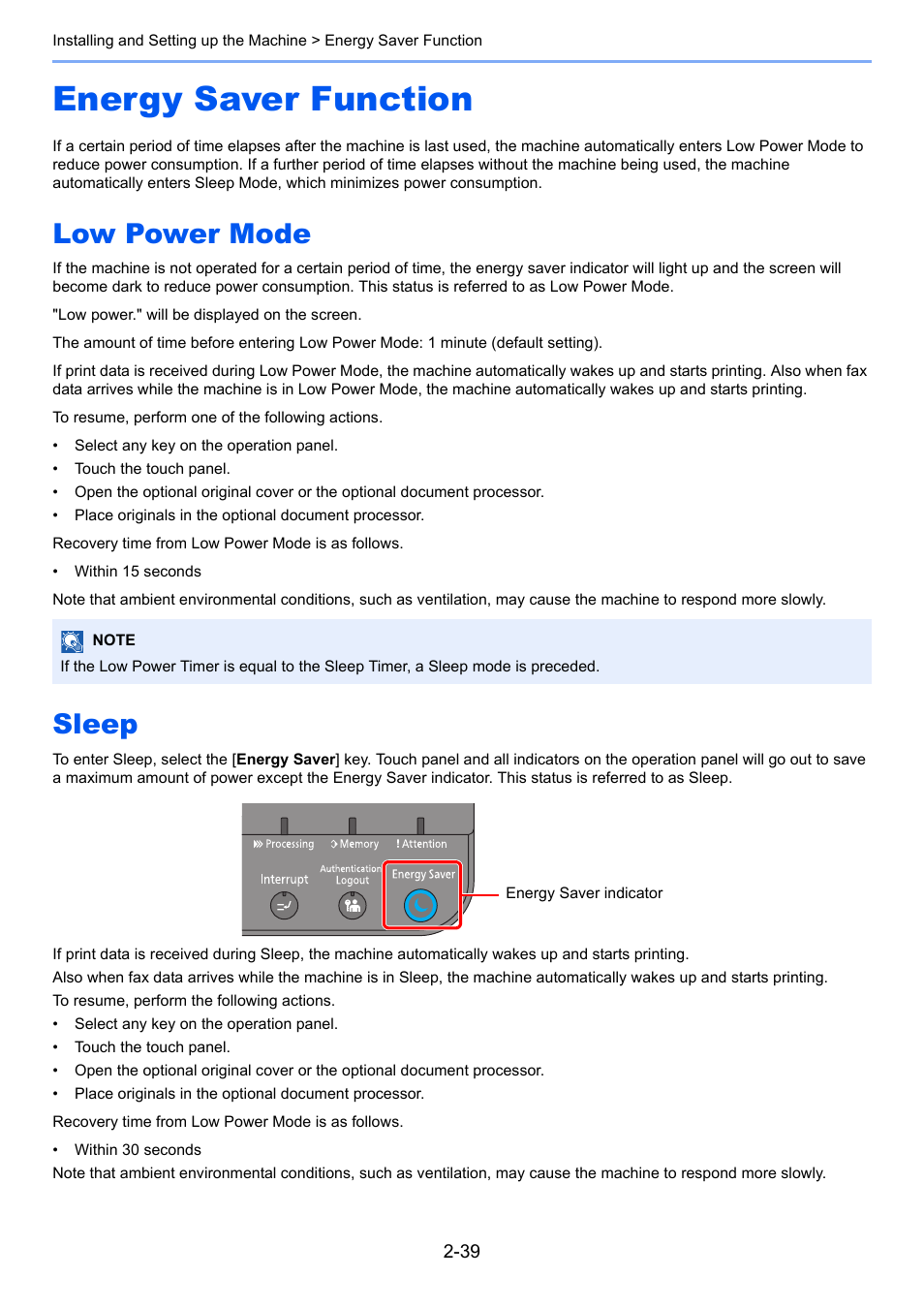 Energy saver function, Low power mode, Sleep | Energy saver function -39, Low power mode -39 sleep -39 | Kyocera Taskalfa 3511i User Manual | Page 104 / 610