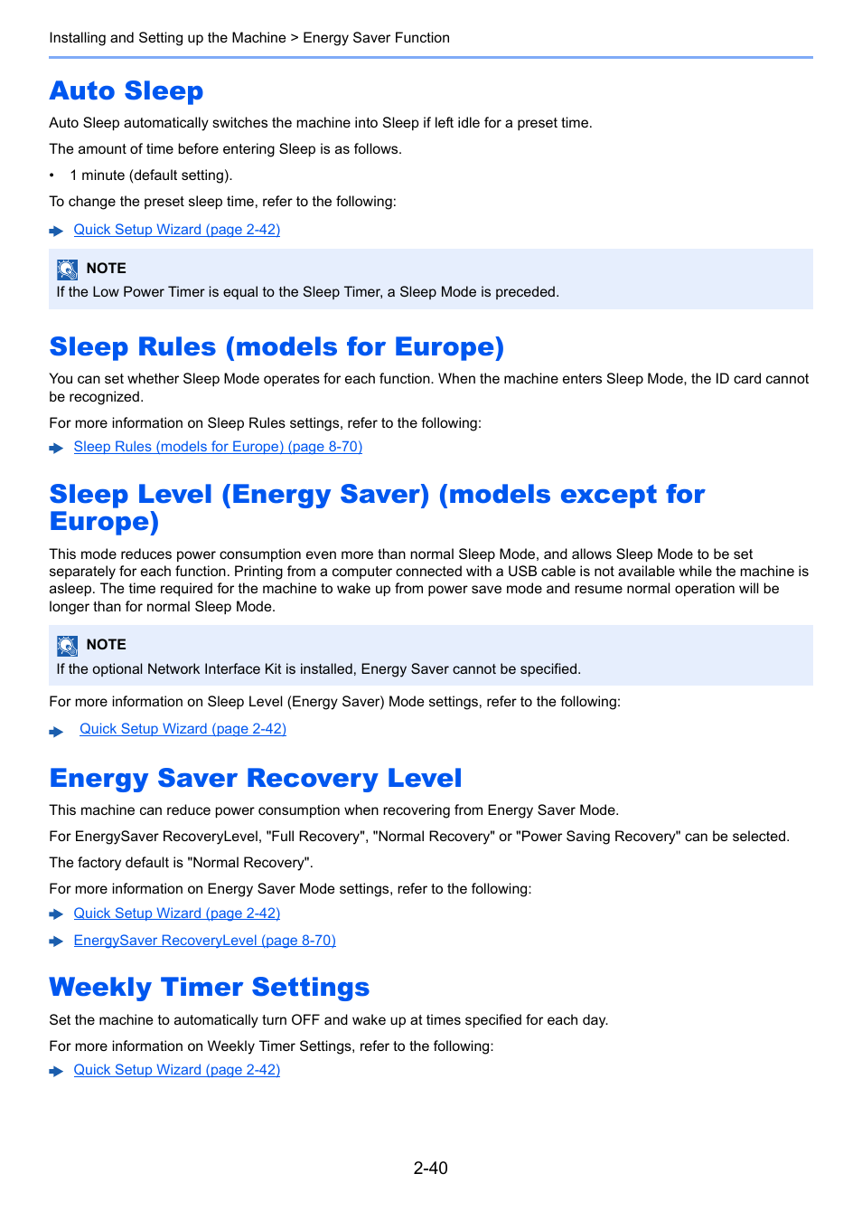 Auto sleep, Sleep rules (models for europe), Energy saver recovery level | Weekly timer settings | Kyocera Taskalfa 3511i User Manual | Page 105 / 610