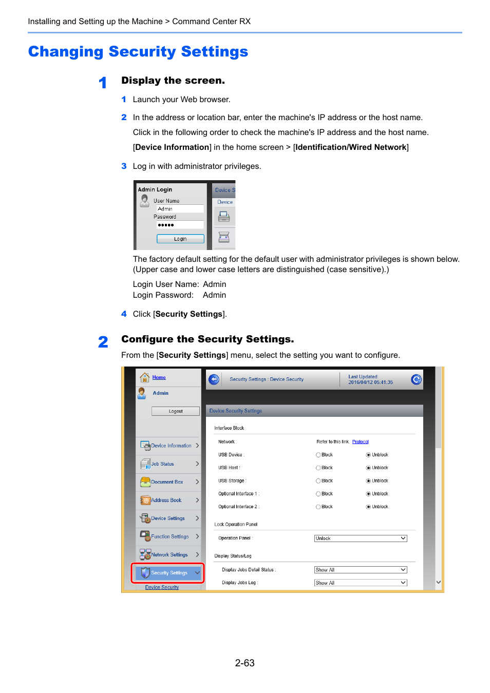 Changing security settings, Changing security settings -63 | Kyocera Taskalfa 3511i User Manual | Page 128 / 610