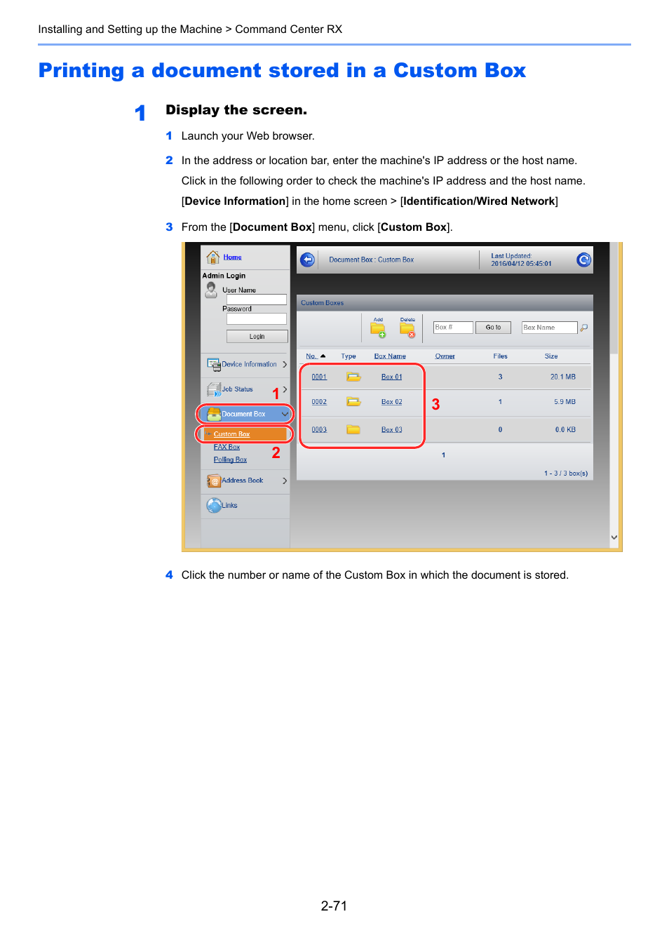 Printing a document stored in a custom box, Printing a document stored in a custom box -71 | Kyocera Taskalfa 3511i User Manual | Page 136 / 610