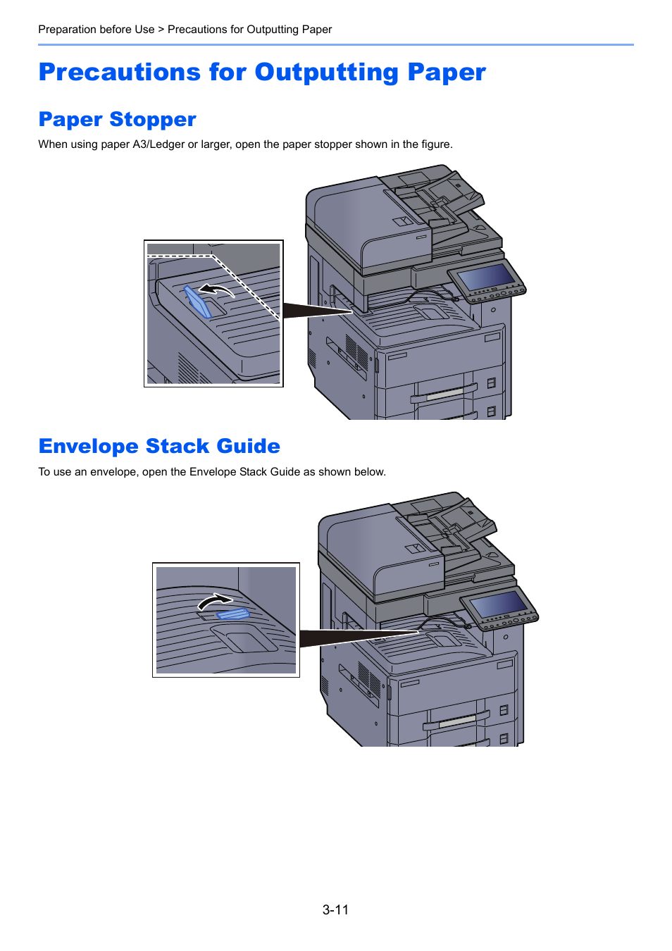 Precautions for outputting paper, Paper stopper, Envelope stack guide | Precautions for outputting paper -11, Paper stopper -11 envelope stack guide -11 | Kyocera Taskalfa 3511i User Manual | Page 154 / 610